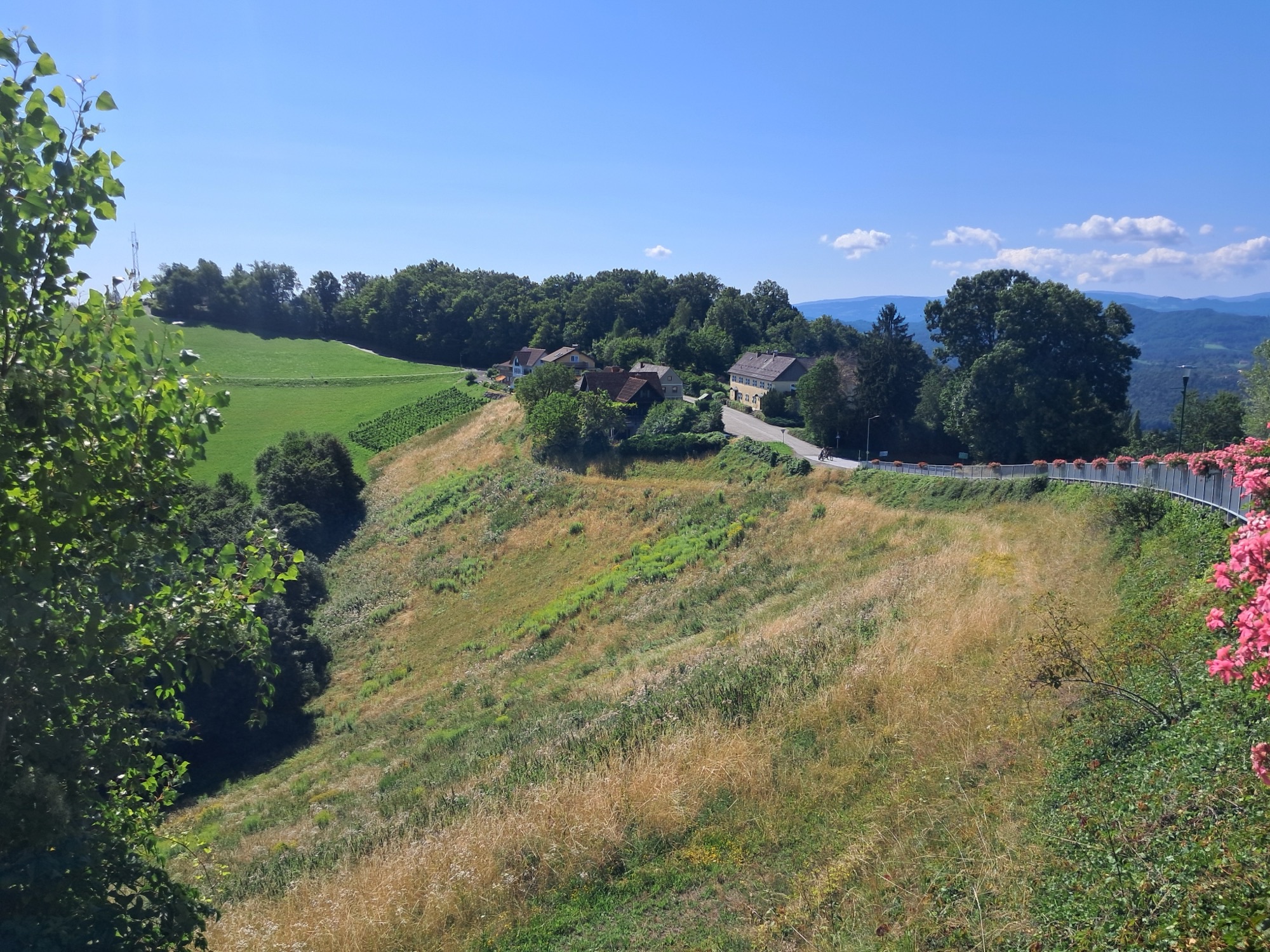 Grundstück mit Wiesenhang und Blick auf das Dorf