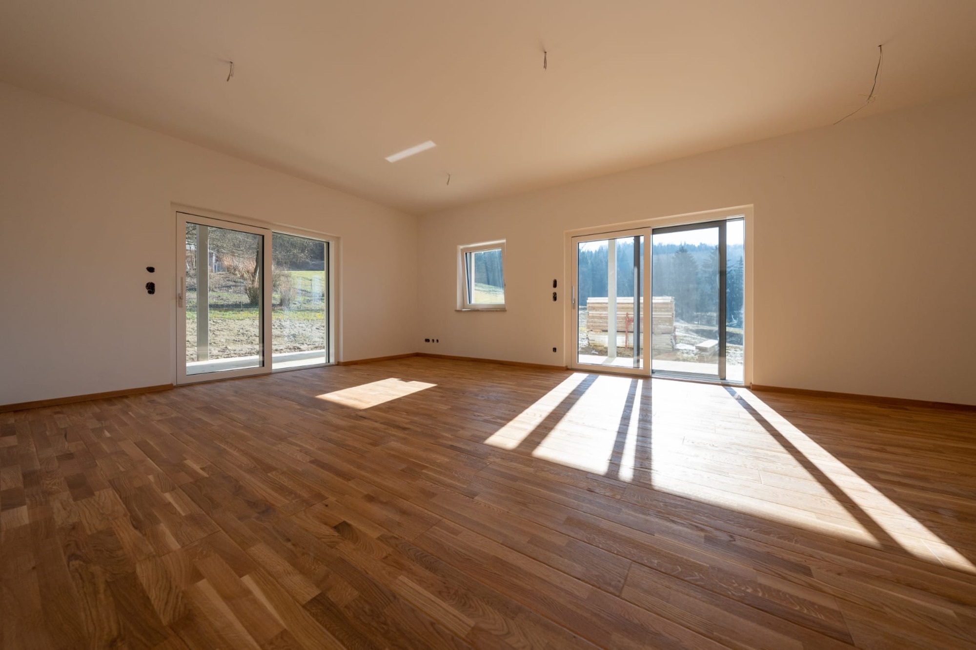 Wohnraum mit Parkettboden und Tageslicht